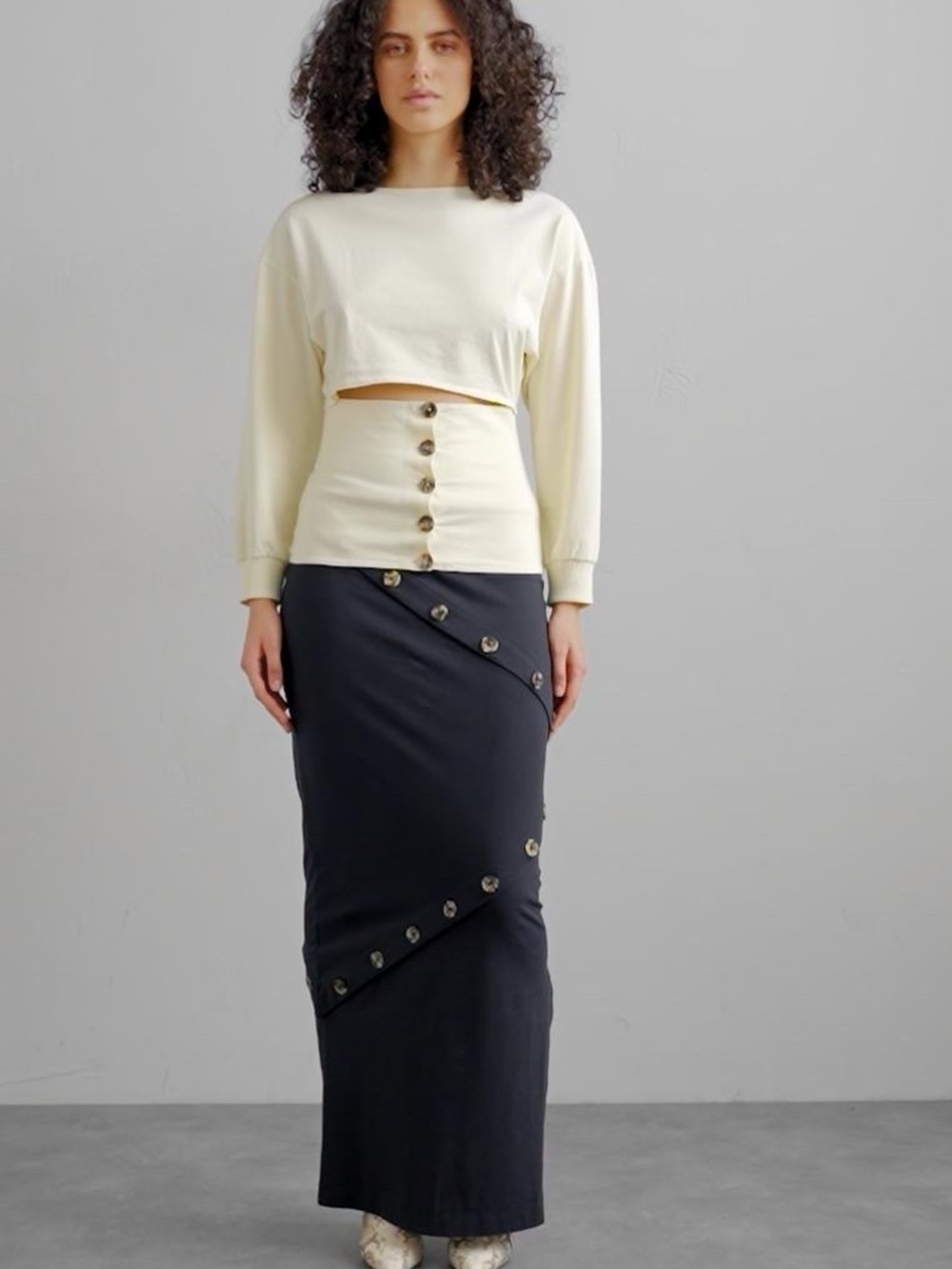 A.W.A.K.E. Mode Black Button Asymmetric Maxi Skirt S Organic Cotton - Picture 3 of 6